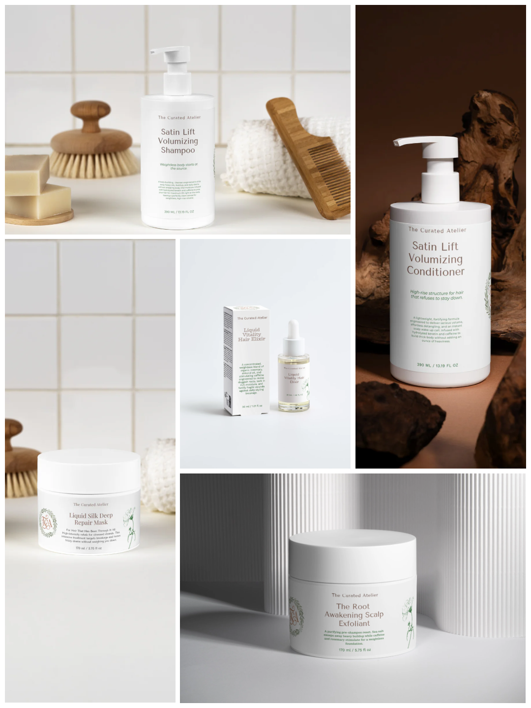 Product collage displaying the complete premium hair care collection from The Curated Atelier.